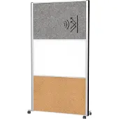 MAUL Stellwandsystem MAULconnecto, 1 x Akustikvlies dunkel, 1 x Whiteboard, 1 x Korkwand, auf Rollen, H 1800 x B 1000 mm, silber