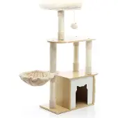 Fudajo Kratzbaum mit Holz in Beige 106 cm hoch, Katzenkratzbaum mit Katzenhaus und Liegemulde, Katzenbaum mit Sisal, Katzenmöbel mit Plüsch
