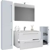 VCM 5-tlg. Set | 1 Waschtisch mit zwei Schubladen, 1 Spiegelschrank, 1 Waschbecken, 1 Midischrank, 1 Hochschrank | Keramik Waschbecken | hängend Unterschrank 60 cm | Badmöbel Set Waschplatz – Badinos