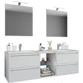 VCM 3-tlg. Set | 2 Waschtisch, 2 Spiegel, 2 Waschbecken, 1 Mittelfach | Keramik Waschbecken | Unterschrank 195 cm | Badmöbel Set Doppel Waschplatz - Badinos XXL