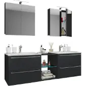 VCM 3-tlg. Set | 2 Waschtisch, 2 Spiegelschrank, 2 Waschbecken, 1 Mittelfach | Keramik Waschbecken | Unterschrank 155 cm | Badmöbel Set Doppel Waschplatz - Badinos XXL