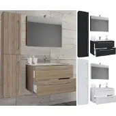 VCM 4-tlg. Waschplatz Waschtisch | Waschbecken Unterschrank Breite 80 cm | Badmöbel Set mit Schubladen Drehtüren Spiegelschrank | Badinos