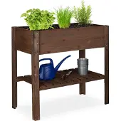 Relaxdays Hochbeet Holz, Ablagefach, Pflanzkasten Balkon, Terrasse, Garten, Kräuterbeet, HBT 80x88x43,5cm, dunkelbraun