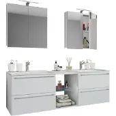 VCM 3-tlg. Set | 2 Waschtisch, 2 Spiegelschrank, 2 Waschbecken, 1 Mittelfach | Keramik Waschbecken | Unterschrank 155 cm | Badmöbel Set Doppel Waschplatz - Badinos XXL