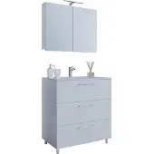 VCM 3-tlg. Waschplatz Waschtisch | Waschbecken Unterschrank Breite 80 cm | Badmöbel Set stehend mit drei Schubladen Spiegelschrank | Badinos