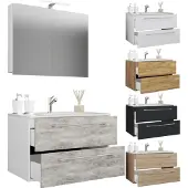 VCM 3-tlg. Waschplatz Waschtisch | Waschbecken Unterschrank Breite 80 cm | Badmöbel Set mit Schubladen Drehtüren Spiegelschrank | Badinos