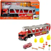 Matchbox Construction Hauler mit 1 Feuerwehrfahrzeug und 8 Zubehörteilen