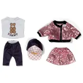 Baby Born Glam Outfit mit pinkem Pailletten-Rock und Jacke, Shirt mit Teddydruck, Cap und Leggins für 43cm Puppen