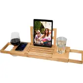 24hShop Badewannenbrett für die Badewanne - Badewannenständer - Ausziehbar 50-92cm - Tablet-Halter - Bambus