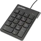 Manhattan Numeric Keypad, Wired, USB-A, 18 Full Size Keys, Black, Membrane Key Switches, Windows and Mac, Three Year Warranty, Blister