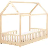 Beliani Hausbett für Kinder Hellbraun Kiefernholz mit Rausfallschutz Lattenrost 90x200 cm Bettgestell Hausform Kinderzimmer Kinderbett Jugendbett
