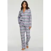 Vivance Pyjama DREAMS, Damen, Gr. 32, lila (lila, kariert), Flanell, Obermaterial: 100% Baumwolle, kariert, klassisch lang, V-Ausschnitt, Homewear-Sets Pyjama, aus kuschelig weichem Flanell