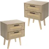 ML-Design Nachttisch 2er Set 2 Schubladen 40x50,5x30 cm Eiche Rattan Massivholzfüße Nachtschrank Schlafzimmer