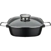 GSW Viereckbräter Gourmet GRANIT 28 x 28 x 8,5 cm , Aluminium, Edelstahl, Glas, Viereckbräter mit Aroma-Glasdeckel ø ca. 28 x 28 x H 8,5cm