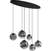 QAZQA Art-Deco-Hängelampe schwarz mit ovaler Deckenplatte und Rauchglas 6-flammig - Douglass