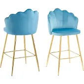 SalesFever Muschel-Barhocker | 2er-Set | Bezug Samt-Stoff | Metallgestell goldfarben | B 52 x T 54 x H 100 cm | blau