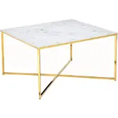 SalesFever Couchtisch quadratisch | Glasplatte foliert in Marmor-Optik | Gestell Metall | B 80 x T 80 x H 45 cm | weiß-gold