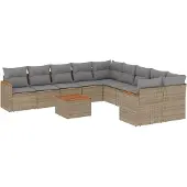 vidaXL 10-tlg. Garten-Sofagarnitur mit Kissen Beige Poly Rattan