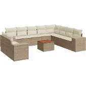vidaXL 11-tlg. Garten-Sofagarnitur mit Kissen Beige Poly Rattan