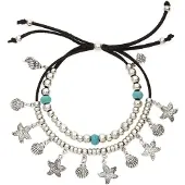 LASCANA Fußkette mit Anhänger "in Layer Look", Damen, Gr. Metallmix, bunt (schwarz, silberfarben, türkis), glänzend, Fußketten Fußkette mit Anhänger, 2 reihiges Fußkettchen mit muschelförmige Anhänger