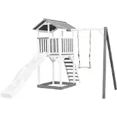 Axi Beach Tower Spielturm aus Holz in Weiß & Grau | Spielhaus für Kinder mit weißer Rutsche, Schaukel und Sandkasten | Stelzenhaus für den Garten