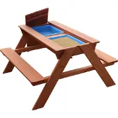 Sunny Dave Kinder Sand & Wasser Picknicktisch aus Holz - Braun | Wasserspieltisch & Sandtisch mit Deckel und Behältern | Kindertisch / Matschtisch für den Garten