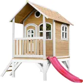 Axi Spielhaus Tom mit roter Rutsche | Stelzenhaus in Braun & Weiß aus FSC Holz für Kinder | Spielturm für den Garten