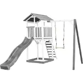 Axi Beach Tower Spielturm aus Holz in Weiß & Grau | Spielhaus für Kinder mit grauer Rutsche, Schaukel und Sandkasten | Stelzenhaus für den Garten