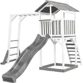 Axi Beach Tower Spielturm aus Holz in Weiß & Grau | Spielhaus für Kinder mit grauer Rutsche, Klettergerüst und Sandkasten | Stelzenhaus für den Garten
