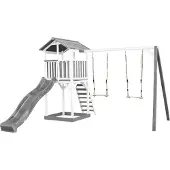 Axi Beach Tower Spielturm aus Holz in Weiß & Grau | Spielhaus für Kinder mit grauer Rutsche, Doppelschaukel und Sandkasten | Stelzenhaus für den Garten