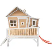 Axi Spielhaus Emma mit roter Rutsche | Stelzenhaus in Braun & Weiß aus FSC Holz für Kinder | Spielturm für den Garten