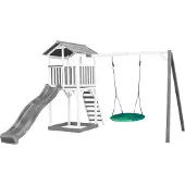 Axi Beach Tower Spielturm aus Holz in Weiß & Grau | Spielhaus für Kinder mit grauer Rutsche, Nestschaukel und Sandkasten | Stelzenhaus für den Garten