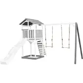 Axi Beach Tower Spielturm aus Holz in Weiß & Grau | Spielhaus für Kinder mit weißer Rutsche, Doppelschaukel und Sandkasten | Stelzenhaus für den