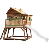 Axi Spielhaus Max mit Sandkasten & weißer Rutsche | Stelzenhaus in Braun & Grün aus Holz für Kinder | Spielturm mit Wellenrutsche für den Garten