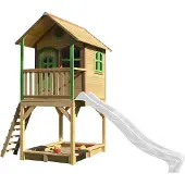 Axi Spielhaus Sarah mit Sandkasten & weißer Rutsche | Stelzenhaus in Braun & Grün aus Holz für Kinder | Spielturm mit Wellenrutsche für den Garten