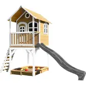 Axi Spielhaus Sarah mit Sandkasten & grauer Rutsche | Stelzenhaus in Braun & Weiß aus Holz für Kinder | Spielturm mit Wellenrutsche für den Garten