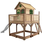 Axi Spielhaus Liam mit Sandkasten & weißer Rutsche | Stelzenhaus XXL in Braun & Grün aus Holz für Kinder | Spielturm mit Wellenrutsche für den Garten
