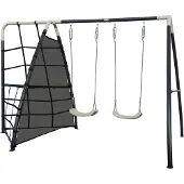 Axi Schaukel Set aus Metall in Anthrazit & Creme | Doppelschaukel & Kletternetz mit Gestell | Gartenschaukel für Kinder / Kinderschaukel | Schaukelgestell für den Garten