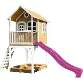 Axi Spielhaus Sarah mit Sandkasten & lila Rutsche | Stelzenhaus in Braun & Weiß aus FSC Holz für Kinder | Spielturm mit Wellenrutsche für den Garten