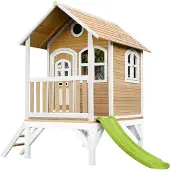Axi Spielhaus Tom mit hellgrüner Rutsche | Stelzenhaus in Braun & Weiß aus FSC Holz für Kinder | Spielturm für den Garten