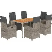 vidaXL 7-tlg. Garten-Essgruppe mit Kissen Grau Poly Rattan