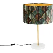 QAZQA - Klassisch I Antik Tischleuchte I Tischlampe I Lampe I Leuchte Messing mit Samtlampenschirm Blattdesign und Gold I Messingener Innenseite - Kaso I Wohnzimmer I Schlafzimmer - Velours Rund - LED