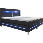Juskys Boxspringbett Norfolk 140 x 200 cm – LED Beleuchtung, Bonell-Matratzen, Topper & Kunstleder – 66 cm Komforthöhe – schwarz – Bett Doppelbett