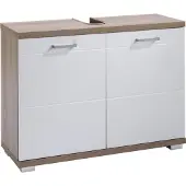 ByLiving Waschbeckenunterschrank Nebraska, Breite 80 cm, Badezimmerschrank mit Metallgriffen, Front in Hochglanz weiß, WBU in Eichen-Optik mit Syphonausschnitt