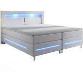 Juskys Boxspringbett Norfolk 180 x 200 cm – LED Beleuchtung, Bonell-Matratzen, Topper & Kunstleder – 66 cm Komforthöhe – weiß – Bett Doppelbett