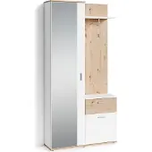 ByLiving Garderobenschrank Jakob, 97x195x30 cm, Melamin weiß mit Artisan Eiche, Spiegel, mit Haken und Ablagefläche