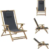 vidaXL Verstellbarer Relaxstuhl Dunkelgrau Bambus und Stoff - Gartenstühle