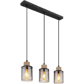 Globo Lighting Hängeleuchte Metall schwarz matt, Holz dunkelbraun, Glas rauchfarben, Kabel PVC schwarz, Höhe kürzbar, LxBxH: 550x100x1200mm, exkl. 3x E27 15W 230V