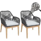 Mendler 2er-Set Gartenstuhl MCW-H56b, Sessel Outdoor, wetterfest Seilgeflecht Rope Holz Akazie dunkelgrau Kissen hellgrau
