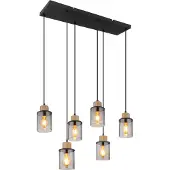 Globo Hängeleuchte Metall schwarz matt, Holz dunkelbraun, Glas rauchfarben, Kabel PVC schwarz, Höhe kürzbar, LxBxH: 620x180x1200mm, exkl. 6x E27 15W 230V